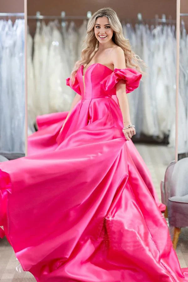 Wholesa Simple Off The Shoulder Hot Pink Puff Sleeves Prom Evening Dresses
