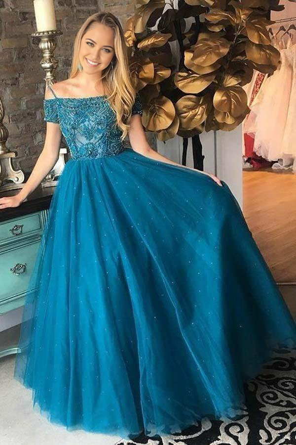 Wholesa A-line Off-the-Shoulder Dark Blue Tulle Ball Gown Prom Dress with Beading