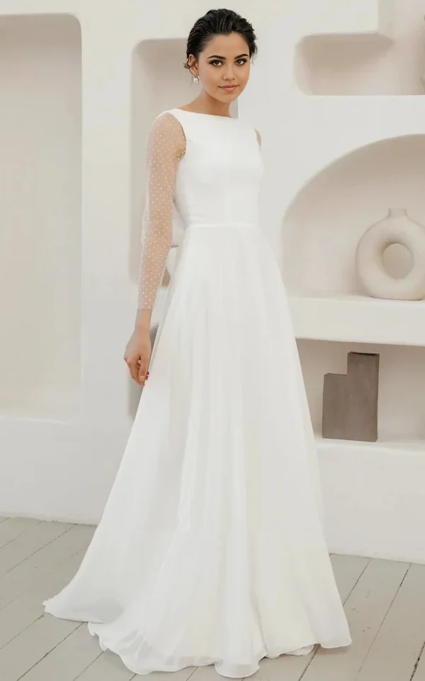 Wholesa A-Line Chiffon Minimalist Sleeved Pearl Button Low Back Bridal Gown Wedding Dress
