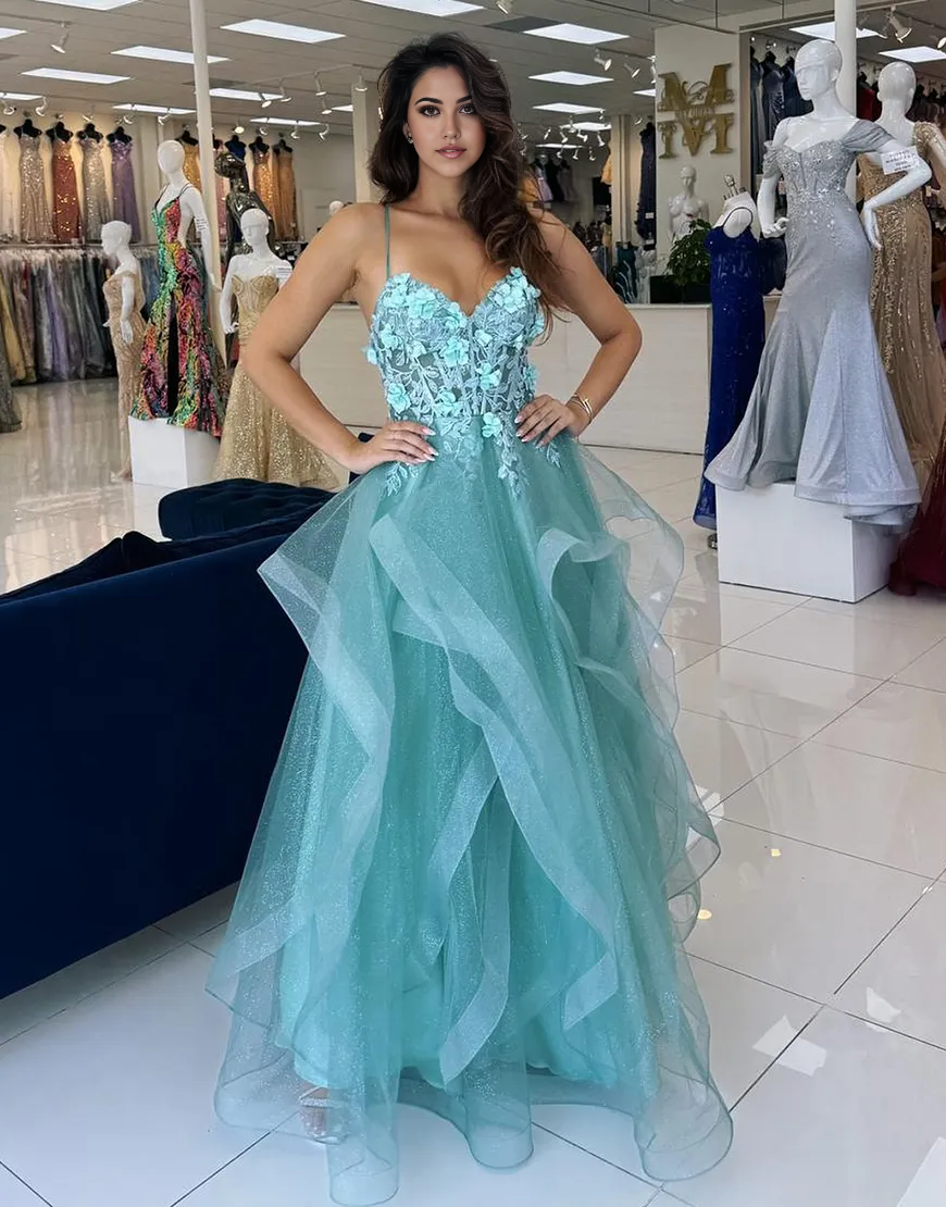 Wholesa A-Line Spaghetti Straps Ruffles Tulle Sparkly Navy Long formal dresses evening dress Prom Dress with Flowers