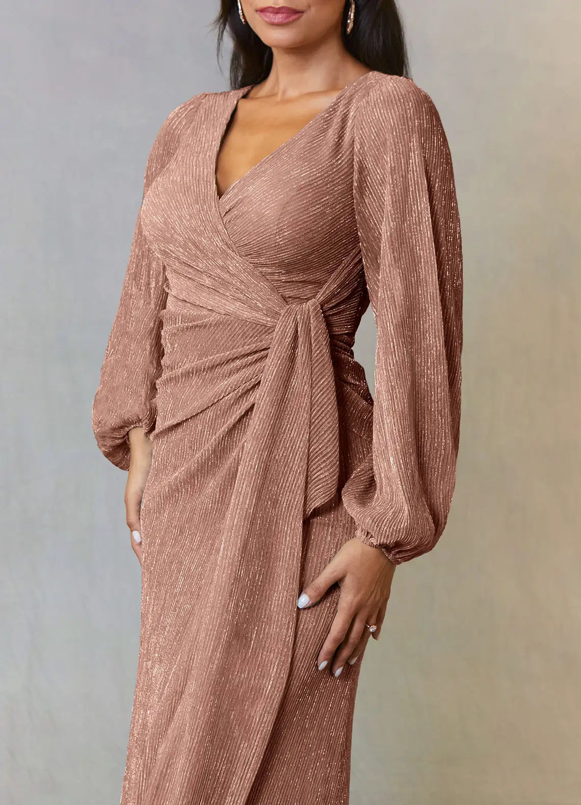 Wholesa A-Line V-Neck Long Sleeve Ruched Rose Gold Mother of the Bride Dresses