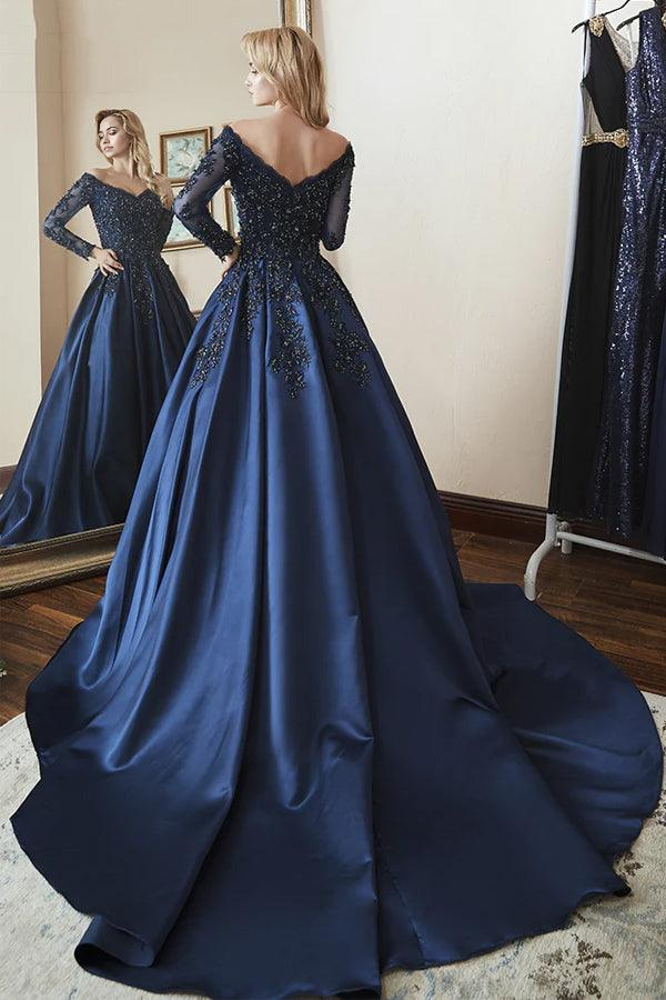 Wholesa A-line Off Shoulder Long Sleeves Beaded Navy Blue Ball Gown Prom Dress