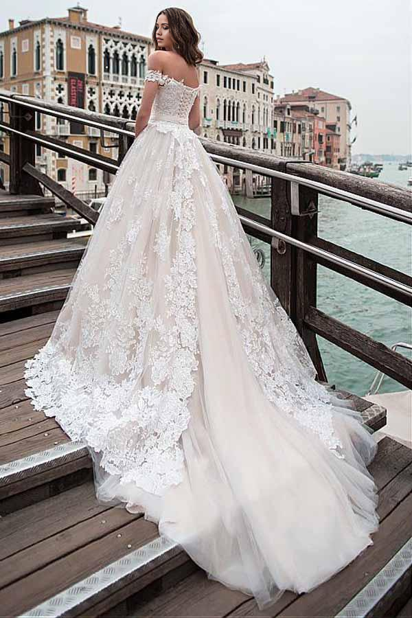 Wholesa A-line Off-the-shoulder Appliques Neckline Wedding Dress With Lace