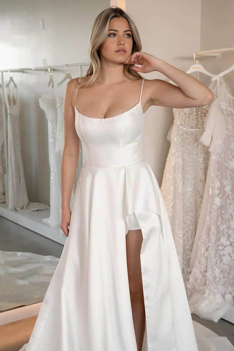 Wholesa A-Line Simple Scoop Neck Satin Wedding Dresses with Slit