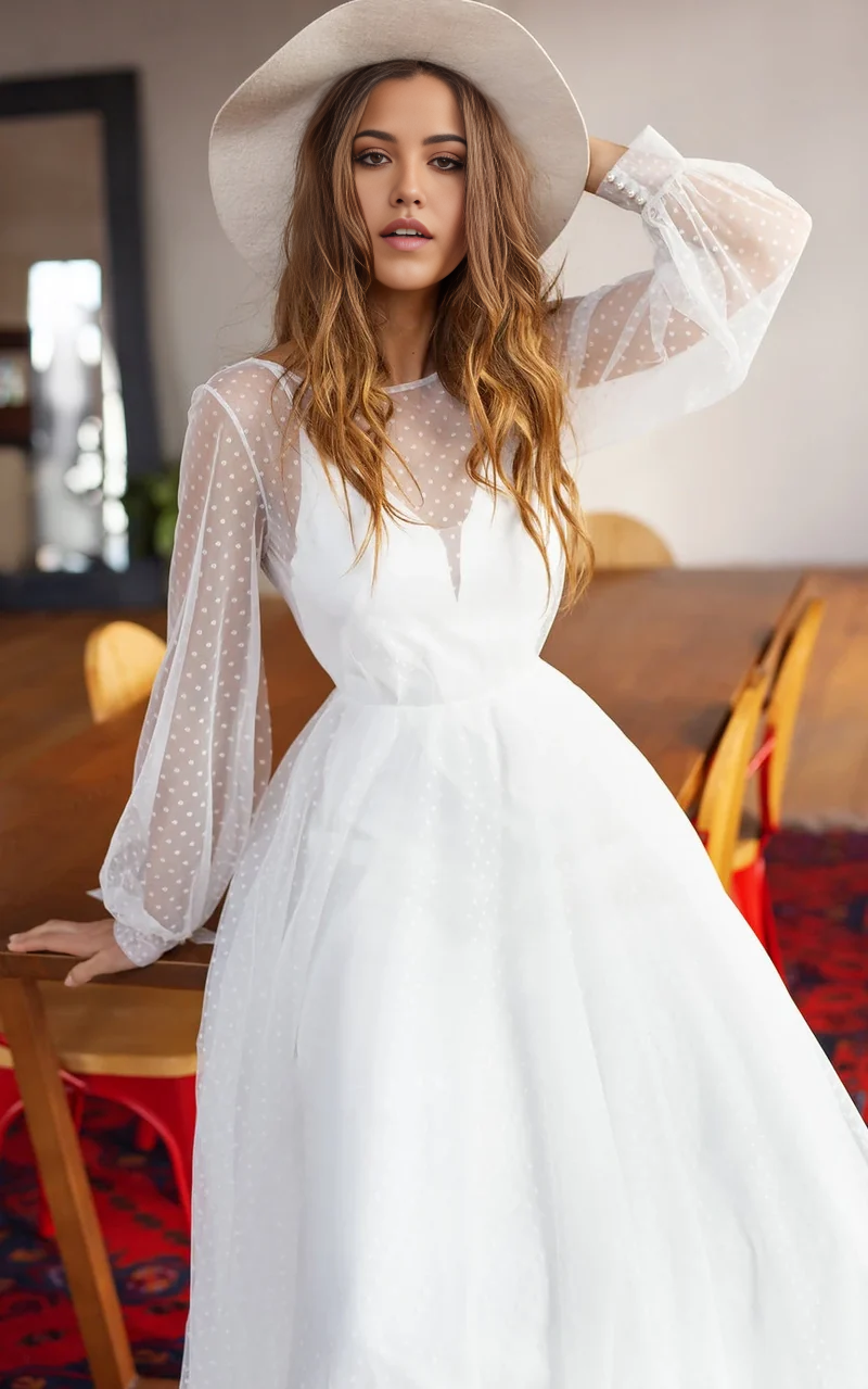 Wholesa A Line Chiffon Bateau Long Sleeve Wedding Dress with Beading
