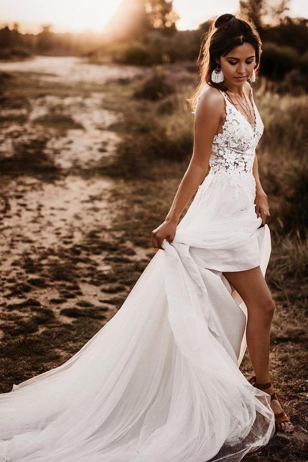 Wholesa A Line V Neck Lace Bodice Bridal Dresses Ivory Backless Wedding Dresses