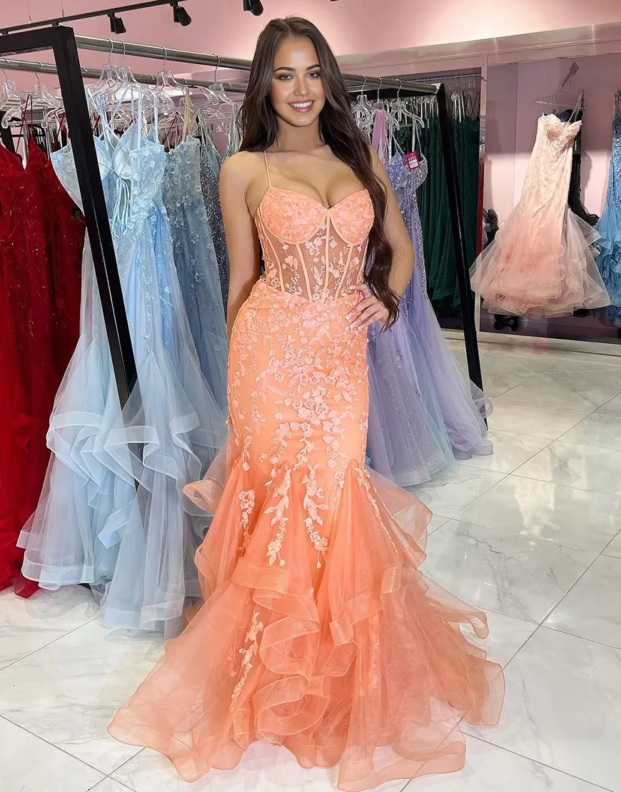 Wholesa Mermaid Spaghetti Sparkly Straps Corset Appliques Ruffles Tulle Orange formal dresses evening dress Long Prom Dress
