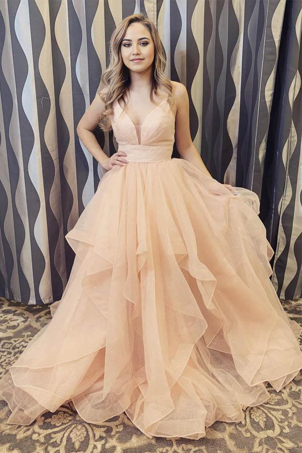 Wholesa Elegant Straps Champagne Long Formal Dress Prom Dresses with Ruffles
