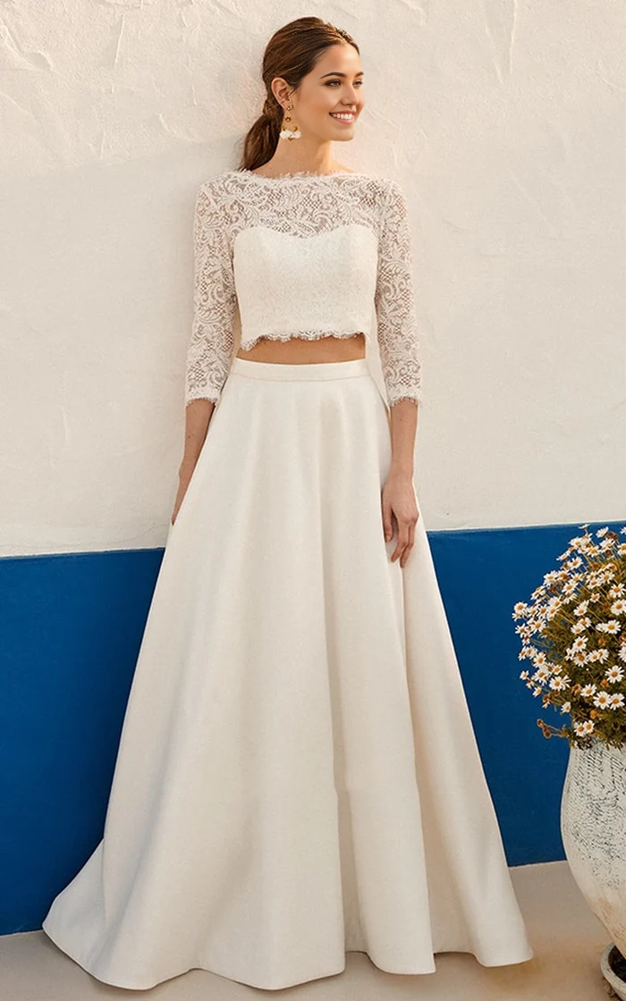 Wholesa Two Piece Floor-length 3/4 Length Sleeve Lace Jewel Wedding Dress with Ruching