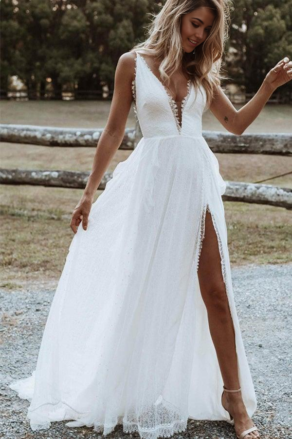 Wholesa Bohemian A Line V Neck Lace Appliques Wedding Dresses with Split