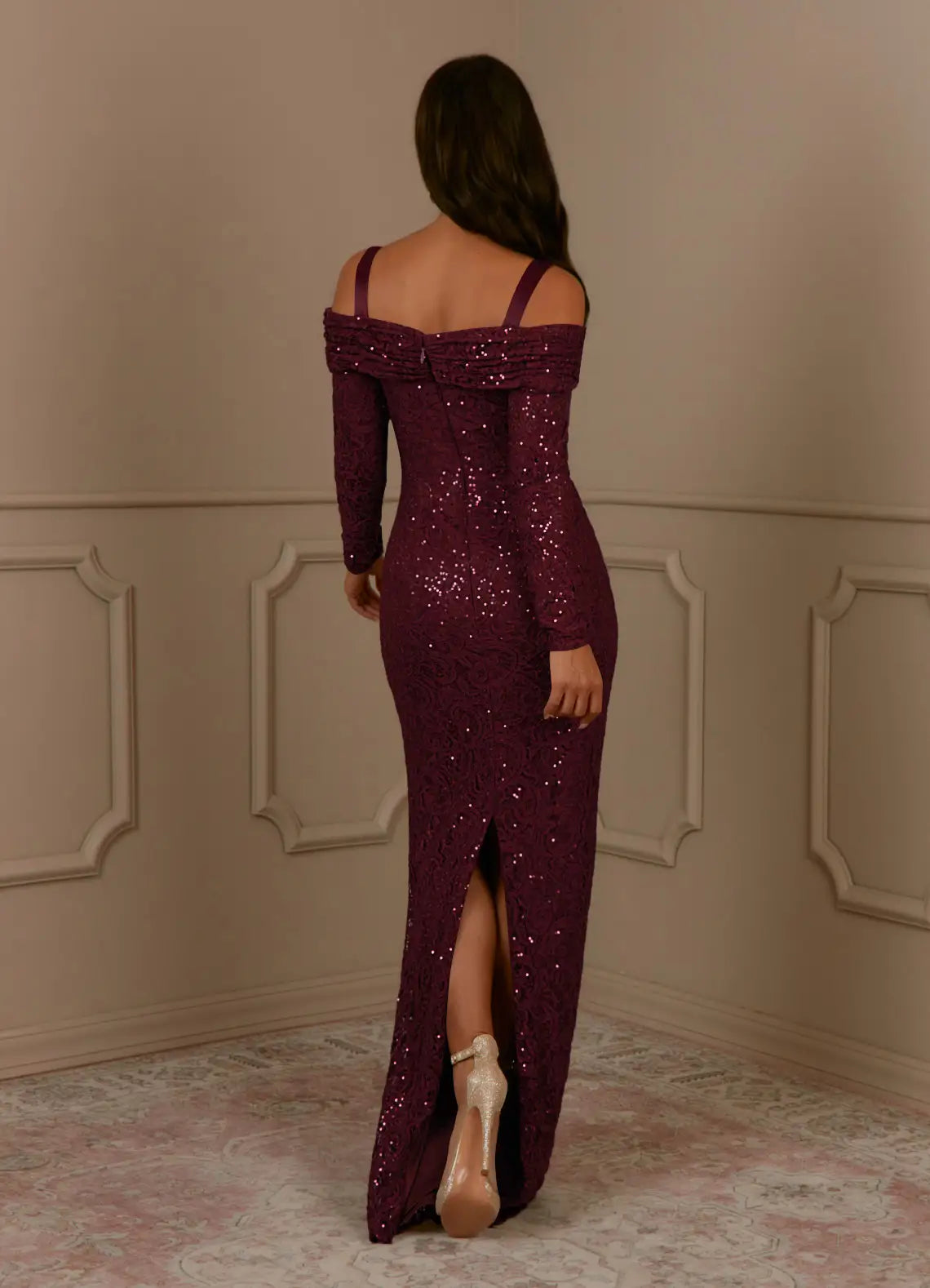 Wholesa Sheath Sequins Long Sleeve Lace Cabernet formal dresses evening dress Mother of the Bride Dresses