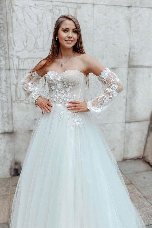 Wholesa A-line Sleeves Sweetheart Lace Detachable Sleeves Lace Wedding Dress