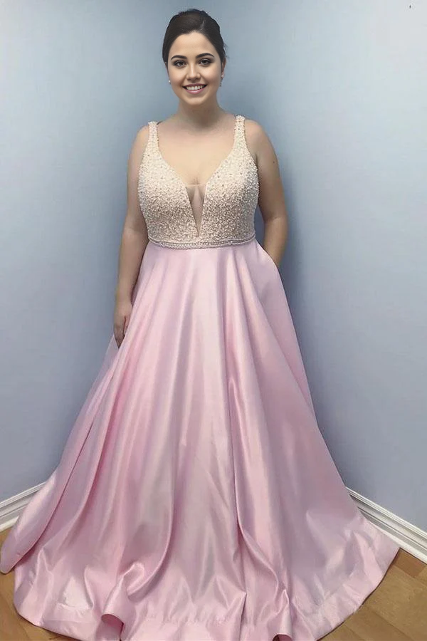 Wholesa Plus Size Simple Pink Satin Beaded Long Prom Dresses