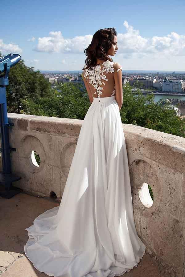 Wholesa A-line Appliques lace Side Slit Chiffon formal dresses Party Evening Prom Dresses Wedding Dresses
