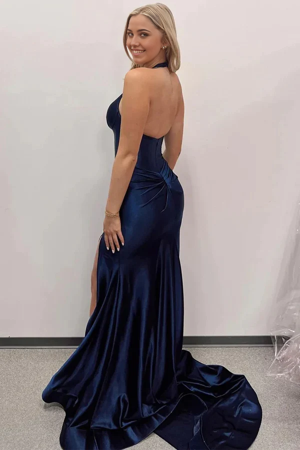 Wholesa Mermaid Halter Long Prom Dress with Slit