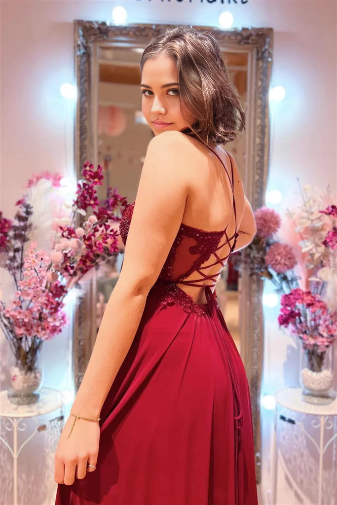 Wholesa A-line V Neck Burgundy Plunging Beaded Appliques Long Prom Dress with Slit