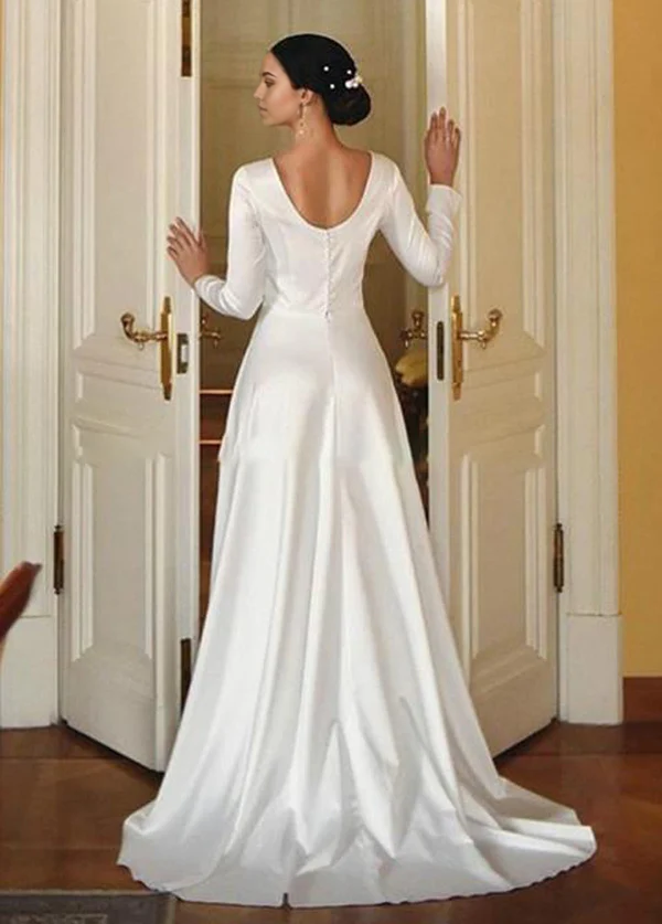 Wholesa A-Line Bateau Neckline Long Sleeves Vintage Satin Bridal Gown Wedding Dresses