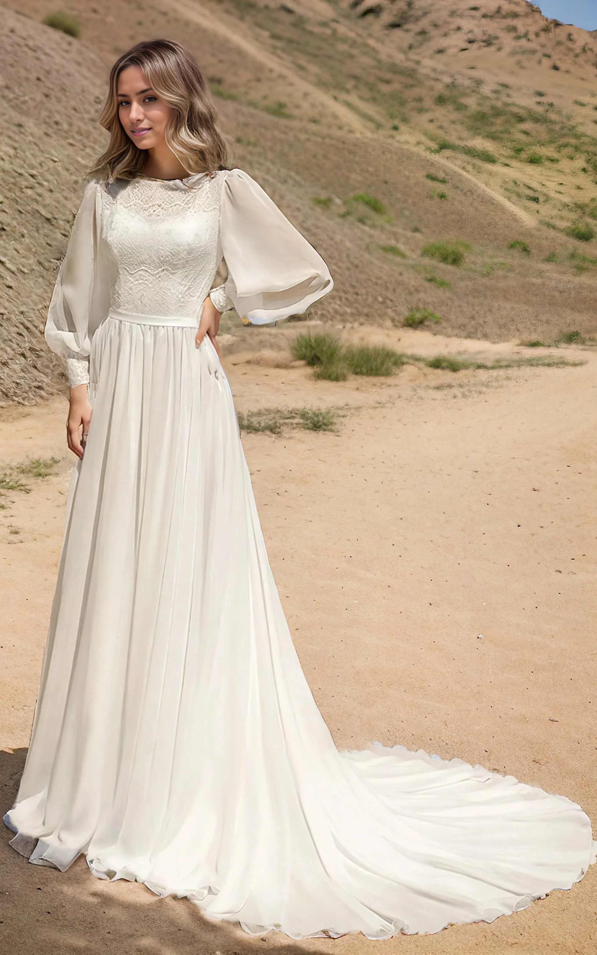 Wholesa A-Line Long Sleeve Casual Rustic Bateau Neck Wedding Dress Gowns with Train