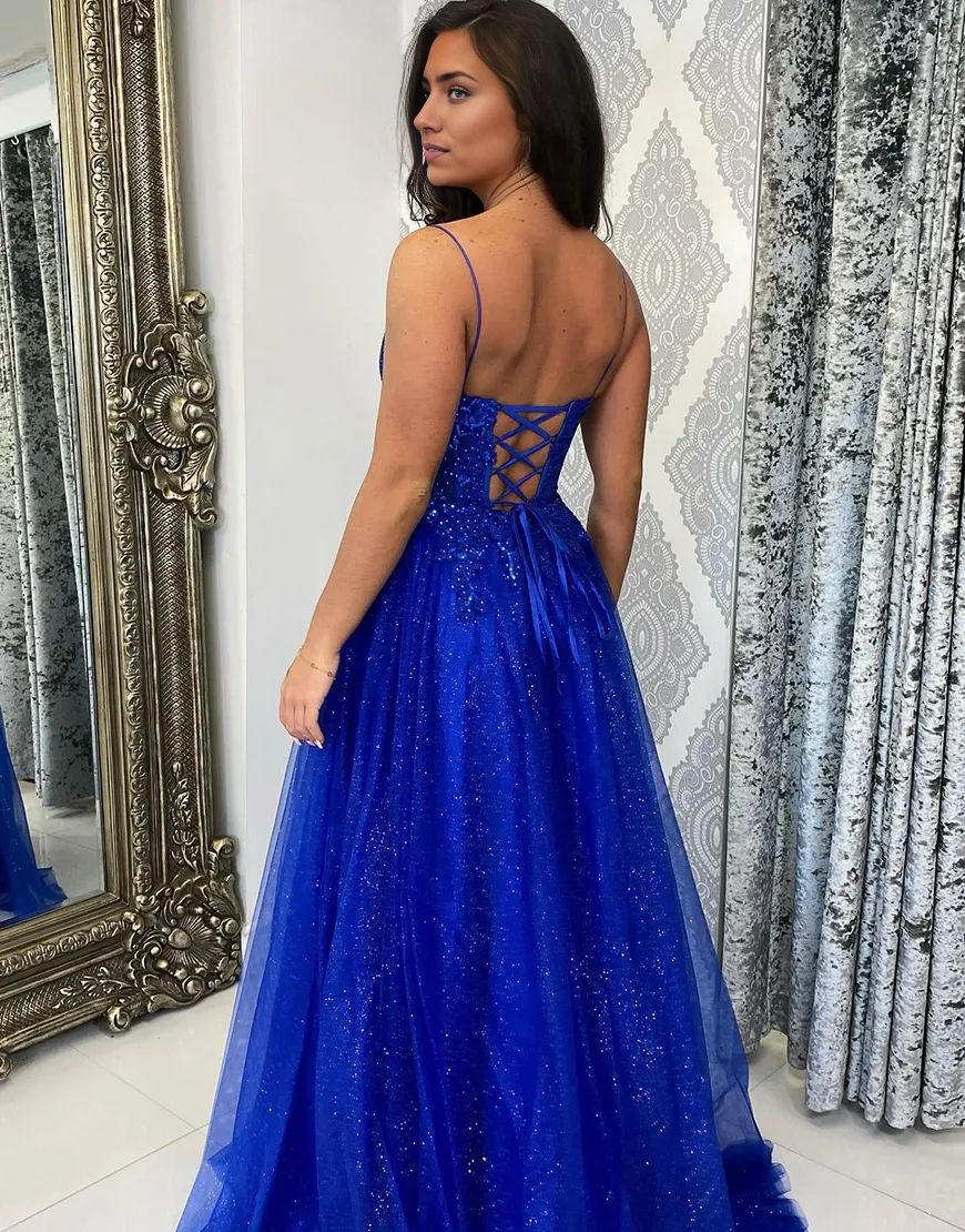 Wholesa A-Line Spaghetti Straps Corset Appliques Tulle Long Sparkly Royal Blue formal dresses evening dress Prom Dress with Slit