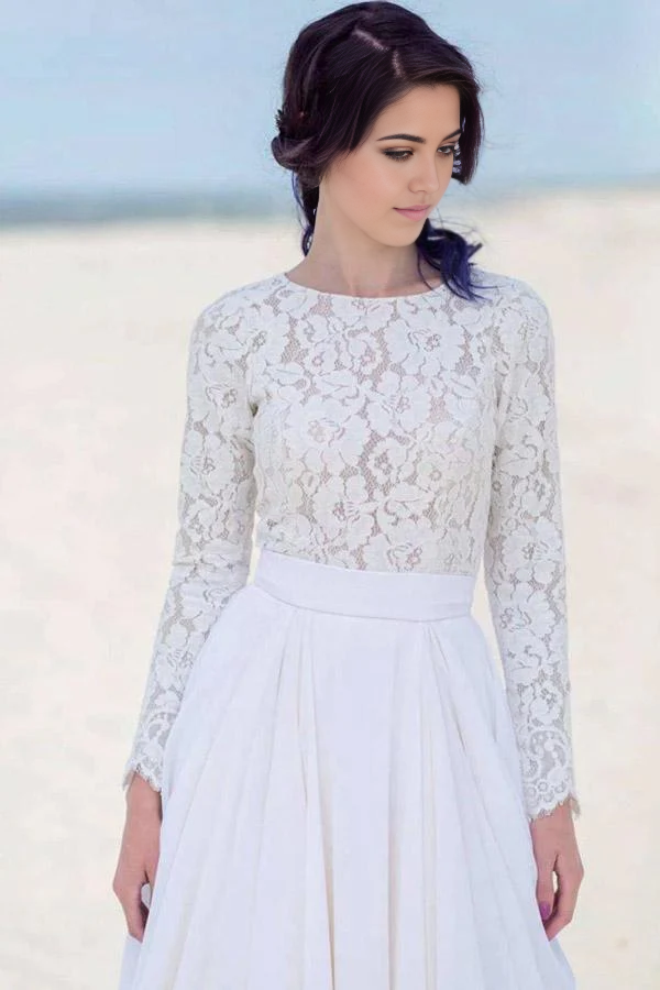 Wholesa Beach Lace Long Sleeve Zipper Chiffon White Bridal Dress Wedding Dresses