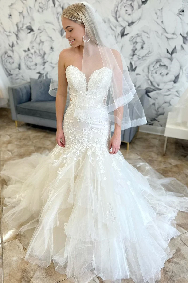 Wholesa Mermaid Appliques Multi-Layer Trumpet Long Wedding Dress