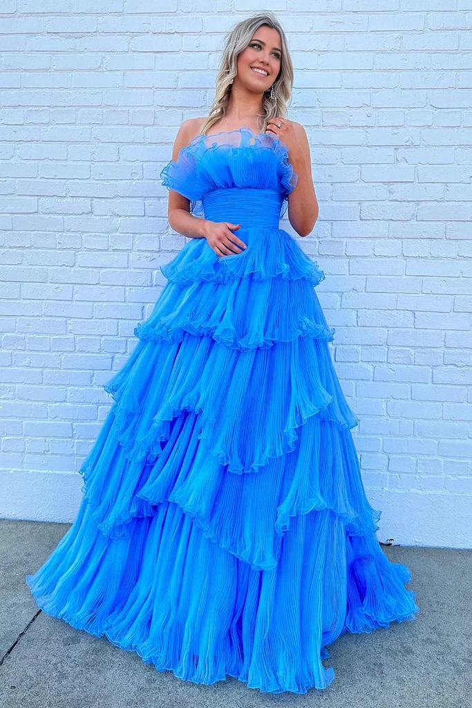 Wholesa A Line Strapless Charming Long Prom Dress with Ruffles