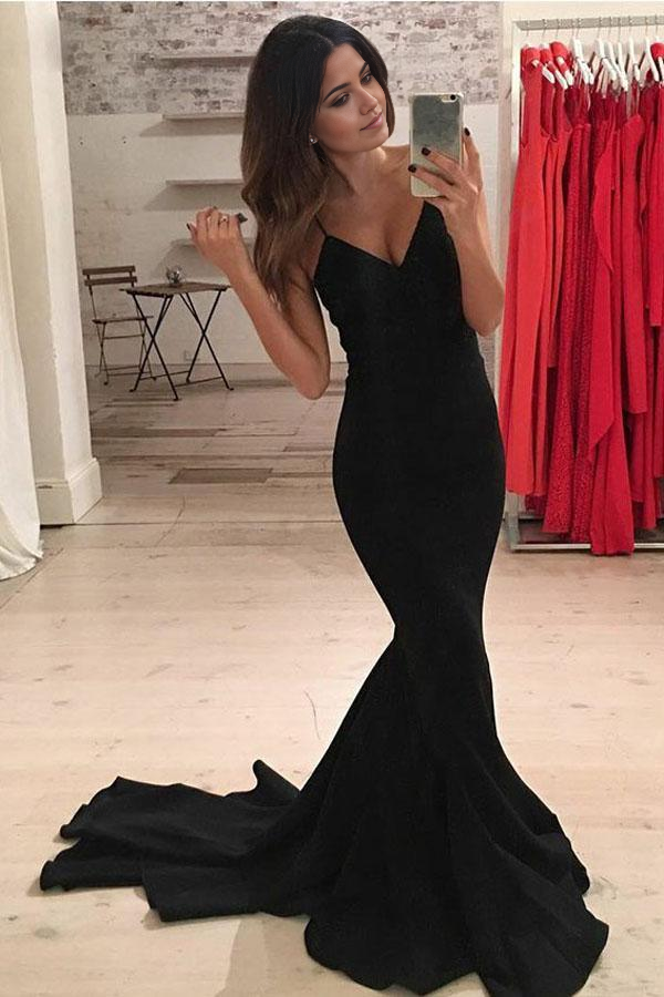 Wholesa Mermaid Spaghetti Straps Sweep Train Black Satin formal dresses evening gown Prom Dress