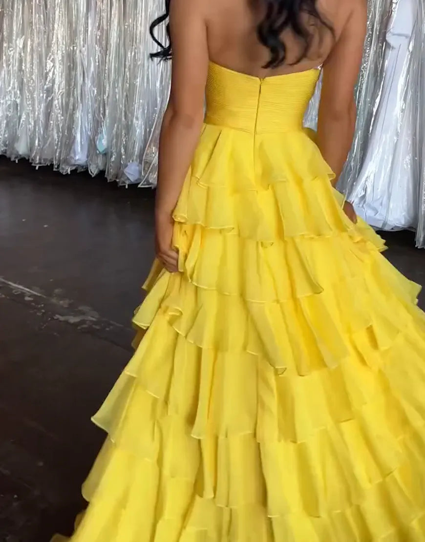 Wholesa A-Line Strapless Ruffles Ruched Yellow formal dresses evening gown Long Prom Dress
