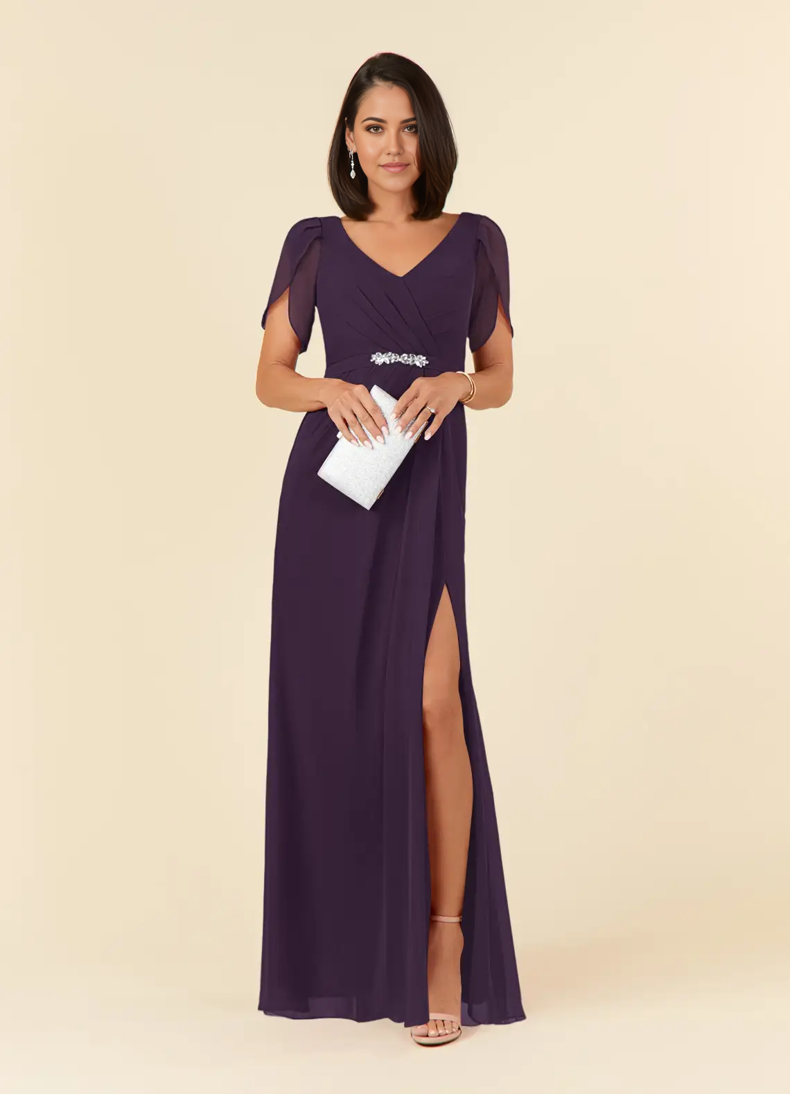 Wholesa Sheath V-Neck Pleated Chiffon Plum Mother of the Bride Dresses