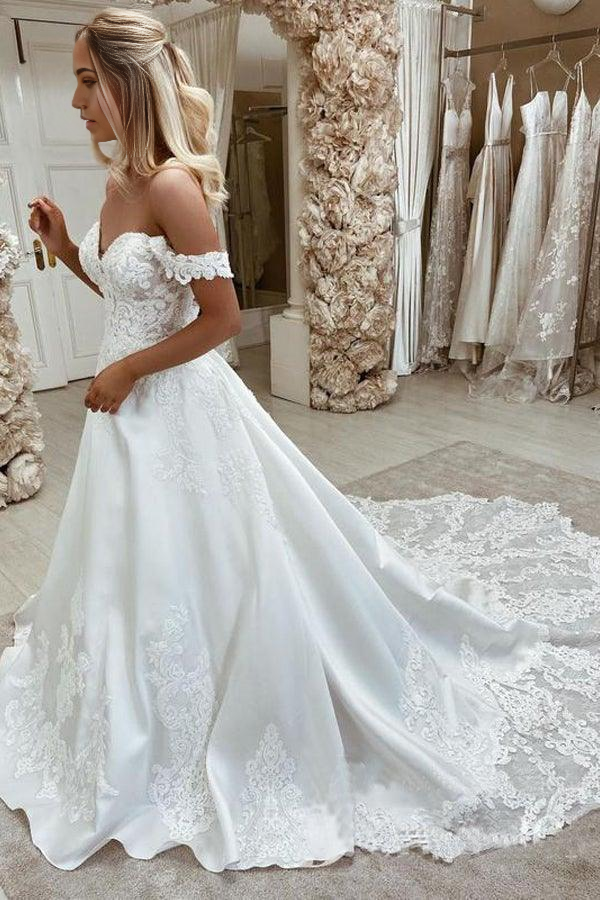 Wholesa A-line Off-the-shoulder Elegant Satin Wedding Dresses With Appliques