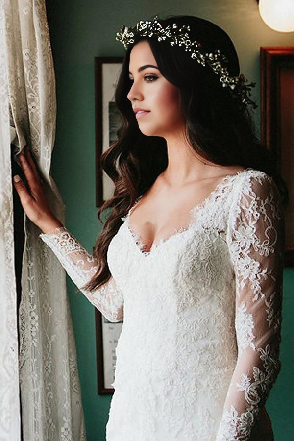Wholesa Sheath V-Neck Long Tulle Sleeves Backless Wedding Dress with Appliques
