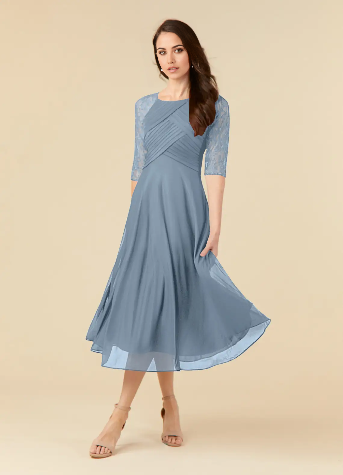 Wholesa A-Line Lace Tea Length Dusty Blue formal dresses evening dress Mother of the Bride Dresses