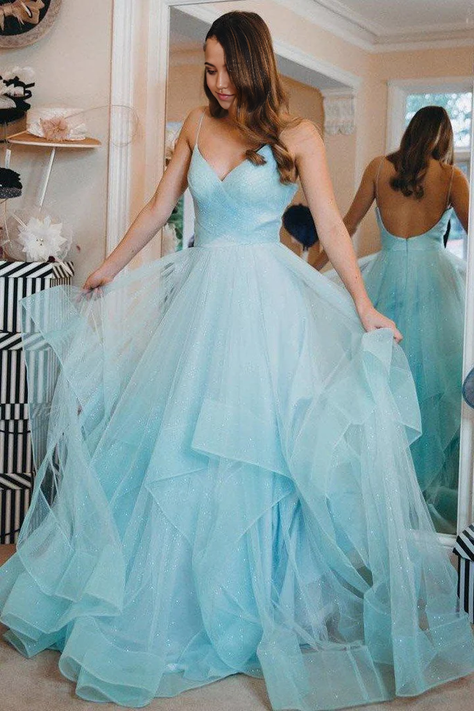 Wholesa Sparkly Straps Ruffles Blue Long Prom Dresses Evening Dress with Open Back