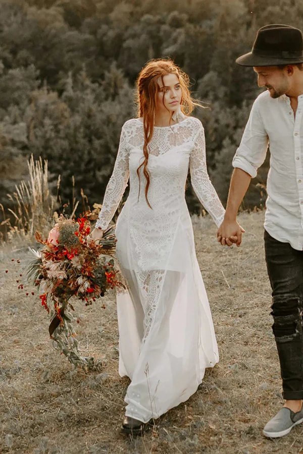 Wholesa A-line Beach Scoop Neck Backless Long Sleeves Wedding Dresses