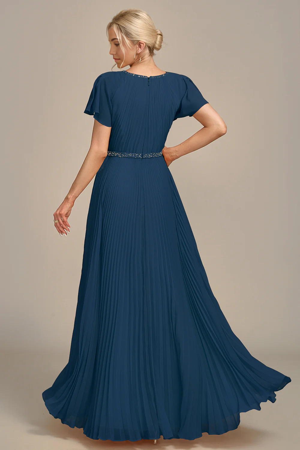 Wholesa A-Line Round Neck Pleated Mother of Bride Dress With Short Sleeves
