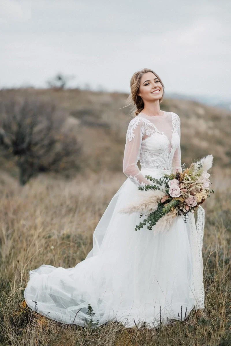 Wholesa Two Piece Bohemian Illusion Sleeves Lace Court Train Wedding Dress
