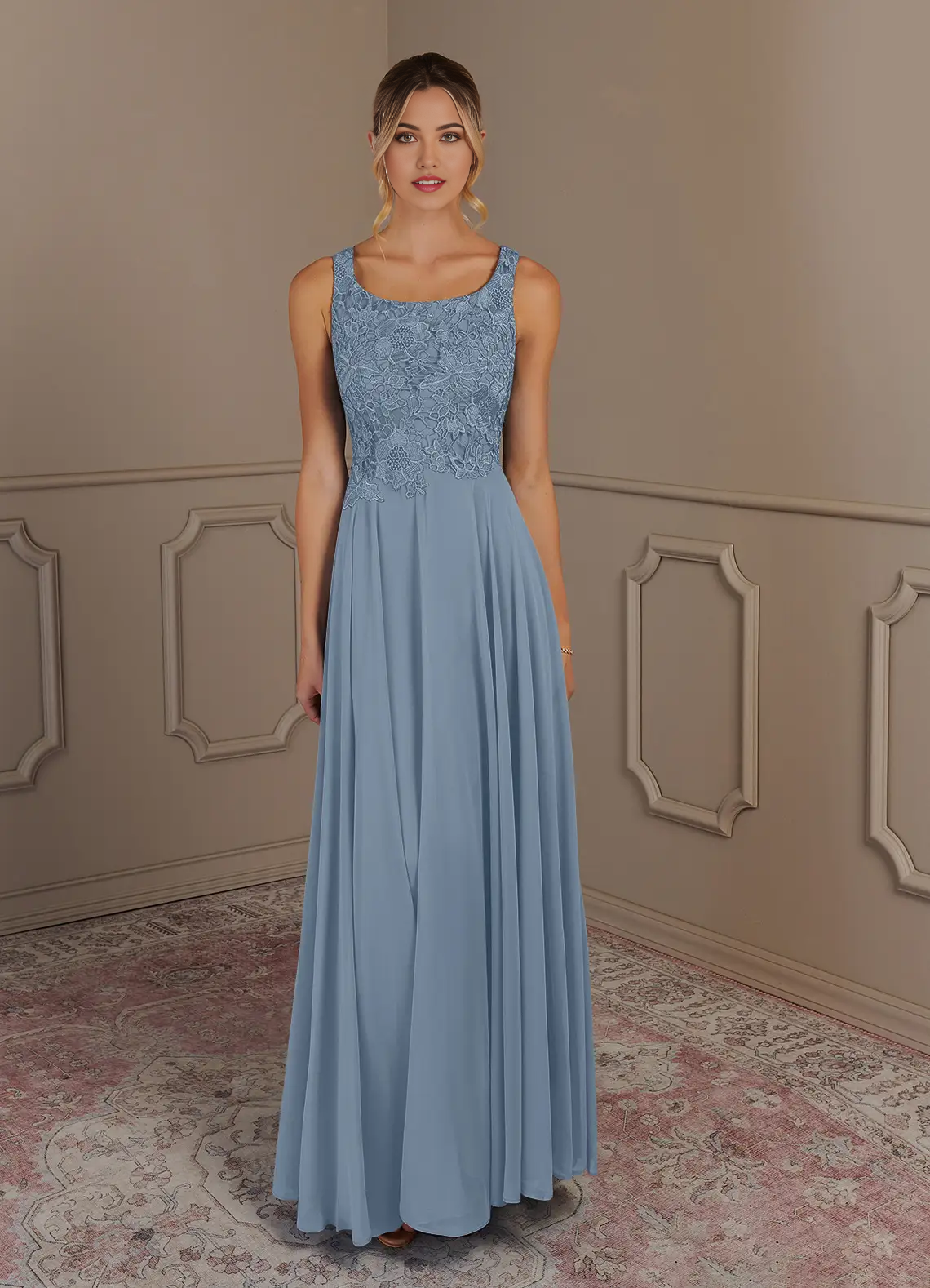 Wholesa Two Piece  A-Line Scoop lace Chiffon Dusty Blue formal dresses evening dress Mother of the Bride Dresses