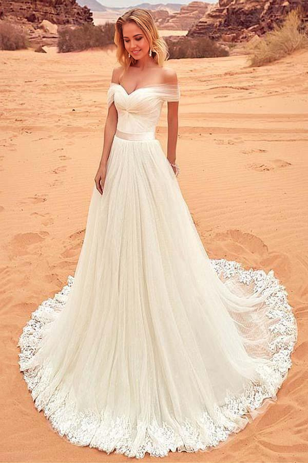 Wholesa A-line Tulle Off-the-shoulder Lace Neckline Wedding Dress With Appliques