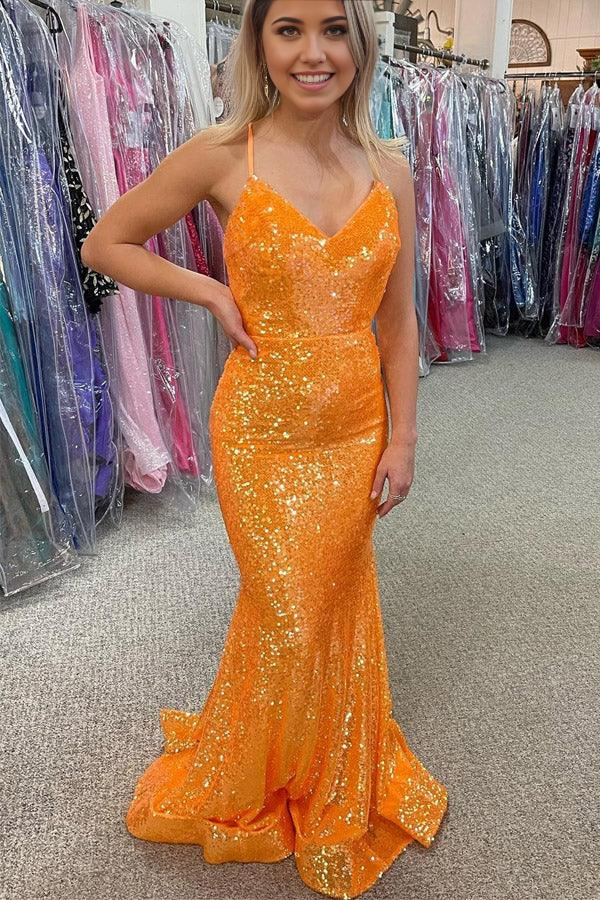 Wholesa Mermaid Sparkle Orange Sequin Long Prom Formal Dress