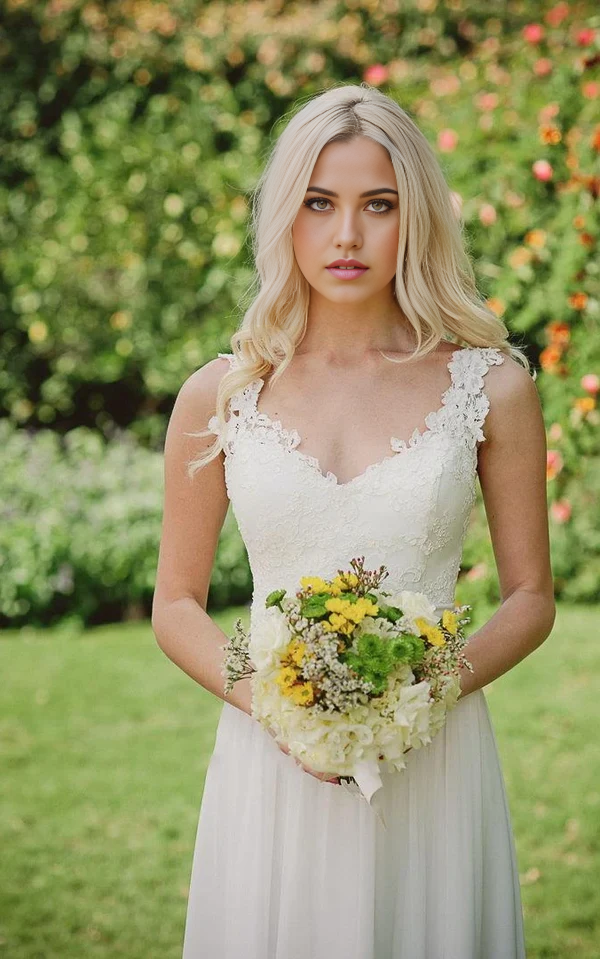 Wholesa A-line Chiffon Lace Weddig Dress With Beading Flower