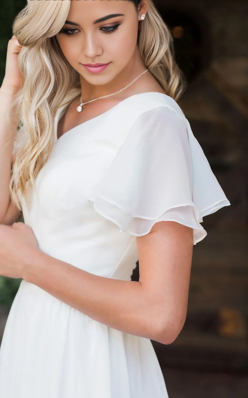 Wholesa A Line V-neck Chiffon Floor-length Train Short Sleeve Wedding Dress with Ruffles