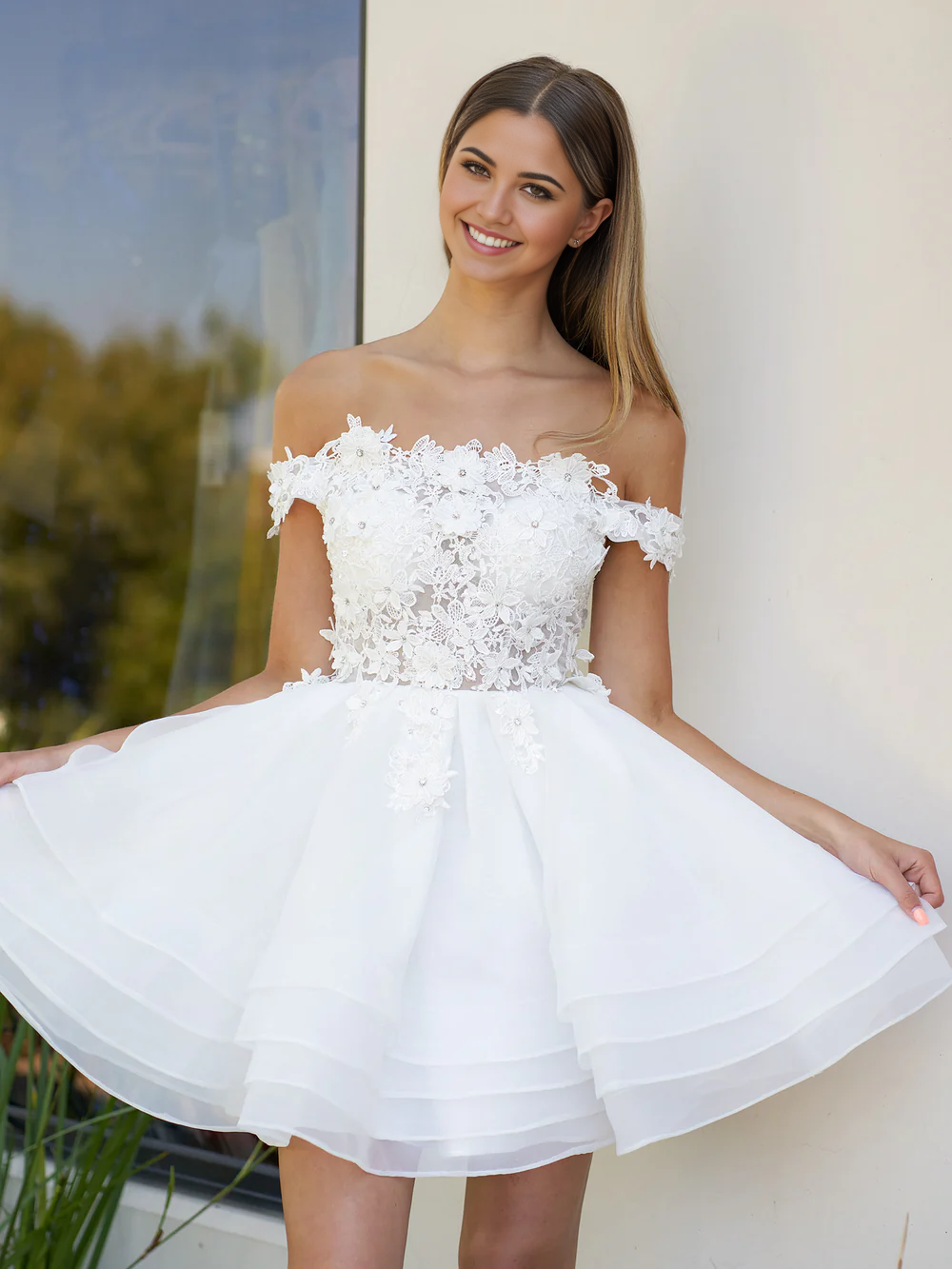 Wholesa A-Line Lace Organza Appliqued Off-the Shoulder Wedding Dresses