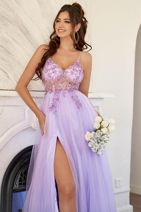 Wholesa A-Line Tulle Split Lilac Long Prom Formal Dress With Beading