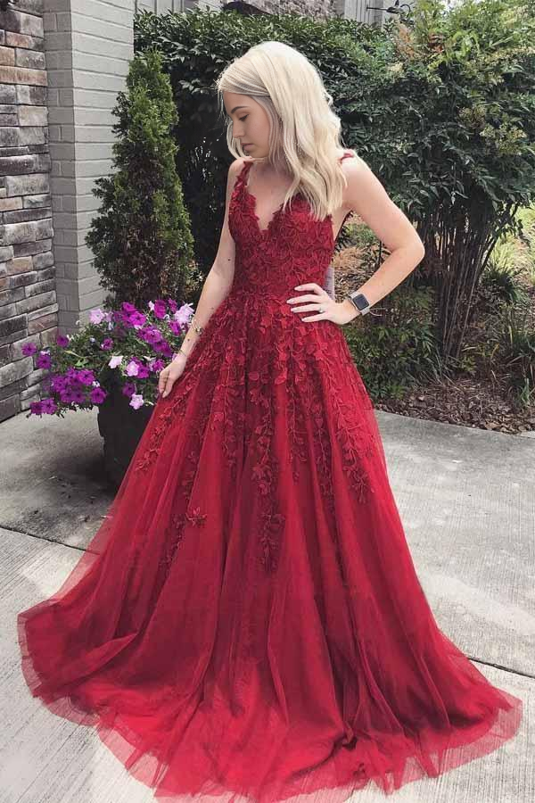 Wholesa A-line Gorgeous Straps V Neck Burgundy Lace Appliques Long Prom Dress