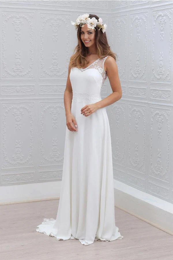 Wholesa Elegant V-Neck Lace Sleeveless Bowknot Chiffon White Wedding Dress