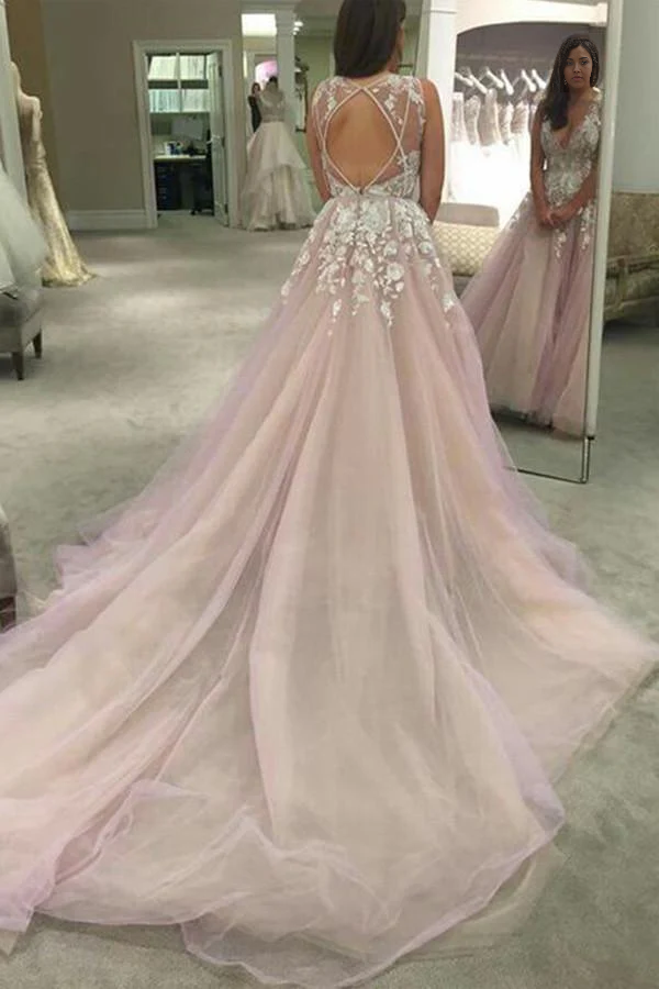 Wholesa A-line Scoop V-neck Long Wedding Dress Prom Dress with Appliques