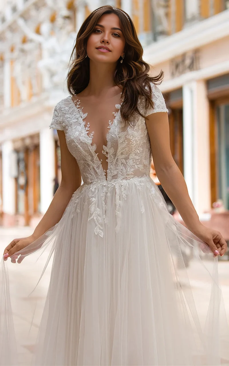 Wholesa A Line Plunging Neckline Tulle Sweep Train Wedding Dress with Appliques