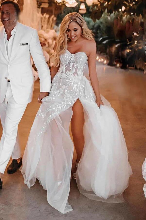 Wholesa Boho A-line Sweetheart Lace Appliques Long Wedding Dress