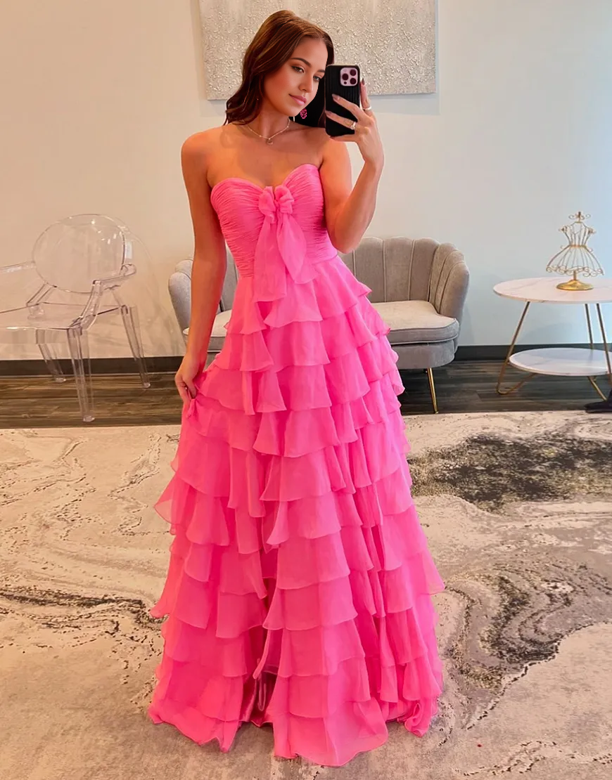 Wholesa A-Line Strapless Ruffles Bow Chiffon formal dresses evening gown Long Prom Dress with Slit