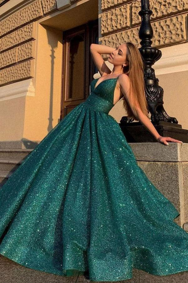 Wholesa A-line Shiny V Neck Green Prom Dresses Ball Gown Formal Dresses